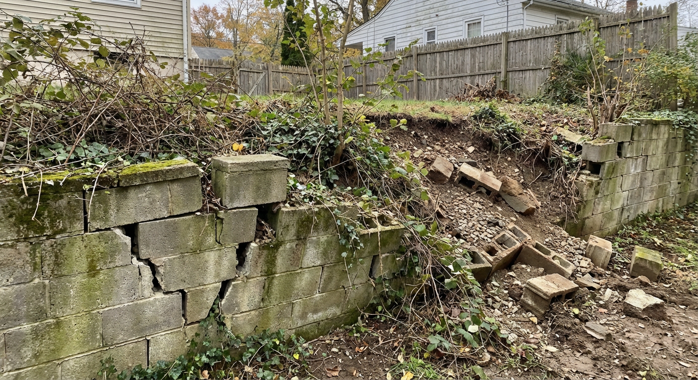 Severely deteriorated retaining wall with crumbling, cracked blocks, eroded joints, and soil washing out before replacement